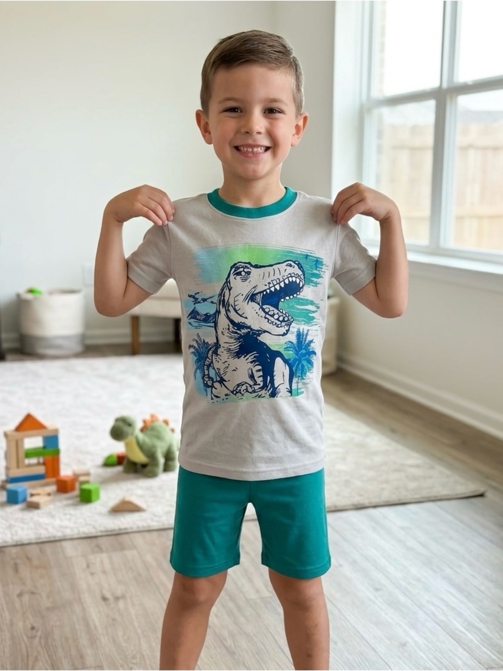 Kirkland Signature Boys T-Rex Dinosaur 2-Piece Short Pajama Set Size 7